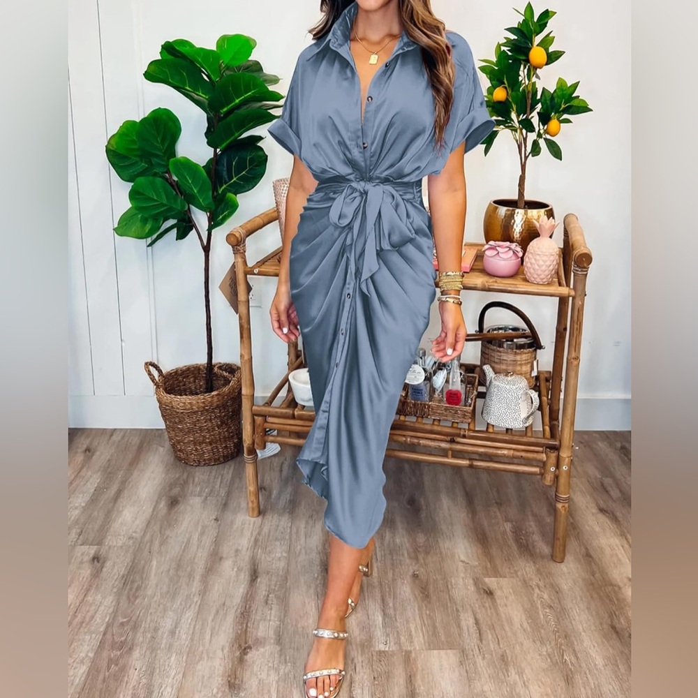 BTFBM 2024 Button Down Ruched Shirt Short Sleeve Lapel VNeck Elegant Satin Dress
